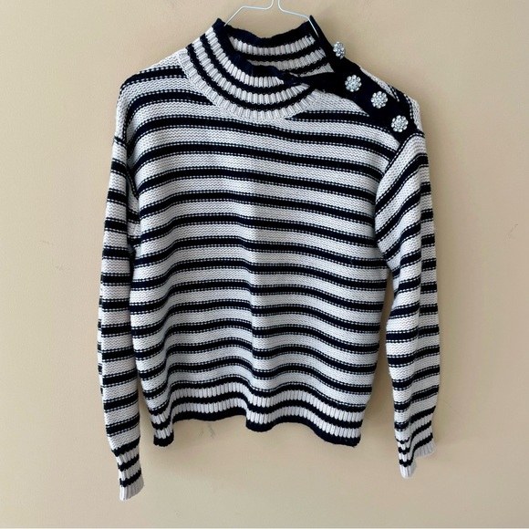 J.CREW Cable-knit mockneck pullover in stripe with jewel buttons BM301 - Picture 9 of 12